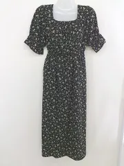 ◇ MAJESTIC LEGON 花柄 バックレースアップ スクエアネック 半袖 膝下丈 ワンピース サイズ M ブラック マルチ レディース  【中古】 【1203100000645】