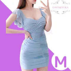 [ COCO&YUKA公式 ] ココアンドユカ レース タイト セクシー ワンピース キャバ 嬢 ドレス パーティ フリル ミニ スカート カシュクール ワンピ 半袖 パット 付き ブルー M B09YGPHZLG