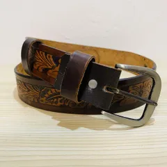 新品ビンテージ★カービングリアルレザーベルト 本革ブラウンエンボス花柄 メンズレディース男女兼用 エスニックハンドメイドカーヴィング