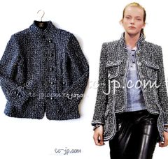 シャネル ジャケット CHANEL ネイビー ブルー スタンド襟 ジッパー ツイード ココボタン カール・ラガーフェルド 超美品 38 40