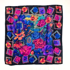 イタリア製 LANVIN スカーフ 大判 シルク ランバン 花柄 ブラック ブルー パープル ハンカチ ストール ショール ファブリック ヴィンテージ アンティーク MADE IN ITALY