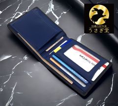 二つ折り財布 内装：青 薄型 カーボンレザー メンズ レディース 小銭入れ カードケース 父の日 プレゼント ラッピング
