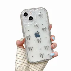 Sakanana iPhone 16 Pro Max ケース 韓国 リボン 立体 ウェーブ クリア シルバーパール 可愛い キラキラ ラメ入り 人気 透明 シンプル 滑り止め 耐衝撃 ストラップホール付き アイフォン 16 Pro Max カバー（iPho 0