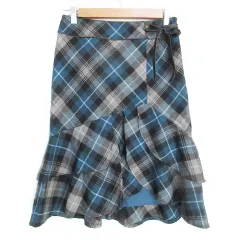 クミキョク 組曲 KUMIKYOKU ティアードスカート フレアスカート ミモレ丈 ウール リボン チェック柄 マルチカラー 2 ターコイズブルー 黒 ブラック 青 /FF41