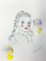 オリジナル手描きイラスト #14 「すみれ」鉛筆画と水彩画のおしゃれな美人画 インテリアやプレゼントにも B5黄色紫