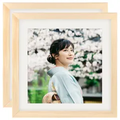 新品 フォトフレーム 正方形 25角 木製額縁 2枚セット ウッドフォトフレーム 写真立て 壁掛け 卓上 両用 マット紙付き プレゼント ナチュラル