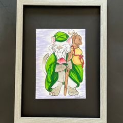 【原画】手描きイラスト　七福神　寿老人　猫【一点物】