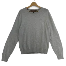TOMMY HILFIGER/トミーヒルフィガー クルーネック ニット セーター 長袖 ワンポイント刺繡 China製 メンズ M グレー