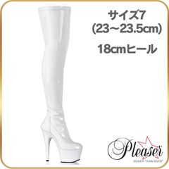 23 23.5 cm Pleaser プリーザー ニーハイブーツ サイハイブーツ 白 ホワイト エナメル ブーツ 厚底 18cm ヒール ピンヒール ポールダンス コスプレ 女装 用 ハイヒール ストレッチ 18センチ ヒール 靴 ADORE-3000