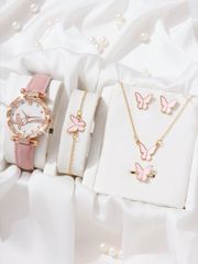 Women's watch set: 1 ladies' watch with quartz movement, round shape, pink PU band, butterfly earrings, butterfly necklace, butterfly ring, butterfly necklace watch jewelry set (5 pieces), diamonds