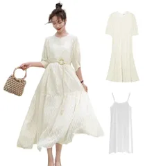 【特価商品】ふんわり ミモレロング オフホワイト 半袖マタ二ティオーバーサイズキャミわんぴーすセットアップ サマ白ワンピースピース 夏 ロングワンピ レディース 白ワンピース キャミ+ワンピース+紐ベルト３点セット [Collecala]