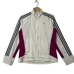 adidas アディダス CLIMA365 トラックスーツジャケット ナイロンジャケット ブルゾン スリーライン ライトアウター ワンポイントプリント オーバーサイズ ビッグシルエット カンボジア製 Lサイズ ホワイト パープル