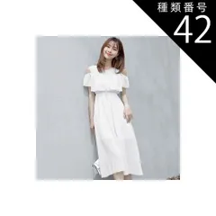 種類42：ブルー小花/M サマードレス オフショル ワンピース フレアスカート フレアワンピース ワンピドレス 膝下 ミモレ ミモレ丈 オフショルダー フレア シフォン ウエストゴム シースルー かわいい おしゃれ お洒落 大人可愛い 大人女子 キュート 無地