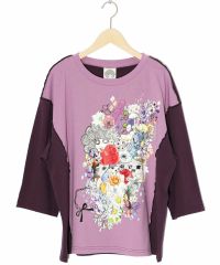 ScoLar（スカラー）スカラーちゃんと花 バイカラー7分袖Tシャツ　サックス、イエロー、オレンジ、パープル　151654