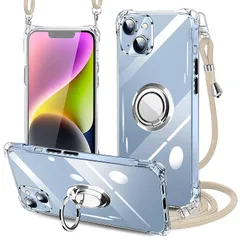 PAILAIMEN iPhone 14 plus ケース クリア ネック リング付き ショルダー 耐衝撃 対応 アイフォン14plus スマホケース 肩掛け 斜めかけ 縄掛けケース 透明 TPU 携帯ケース 薄型 軽量 紐付き 斜めがけ 織りストラップ付き 0