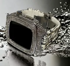 シルバー×ホワイトアップルウォッチカバーバンドキラキラAppleWatchラバーカスタム　44mm 45mm ベルト　ケース　セット　スパイダーラバー