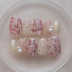 ピンクボルドーのツイードネイル⋆*