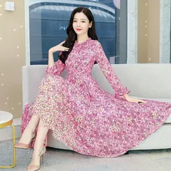 【ピンク花柄★Ｌ】Ａライン マキシ丈フレア ドレス ワンピース 　大きめ　体型カバー　ゆったり