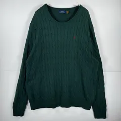 古着 ポロ・ラルフローレン POLO RALPH LAUREN 長袖 ニット ケーブル編み ワンポイント 刺繍 大きいサイズ クルーネック 2XB  グリーン 無地 メンズ