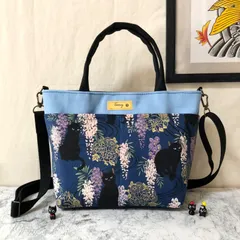 ★セール品(現品限り) 2WAY猫柄ミニトートバッグ 黒猫と藤の花 ネイビー 内ポケット付き ハンドメイド メンズ レディース ハンドバッグ