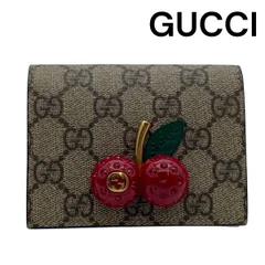 ●グッチ GUCCI GGスプリーム 二つ折り財布 コンパクトウォレット チェリー ベージュ レザー レディース 5D957