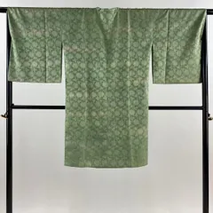 道行 身丈106cm 裄丈67cm M 和装コート 角衿 リバーシブル 地紋 花唐草 ぼかし よもぎ色 正絹 美品 名品 【中古】