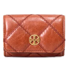 トリーバーチ カードケース TORY BURCH キルティング レザー ウィラ ロゴ 定期入れ 名刺入れ アンティーク ステッチ フラップ カードケース ミニ ウォレット ダークウイスキー 156096
