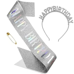 [LIKENNY] 誕生日 カチューシャ たすき ブローチ 3点セット バースデー ケーキ 飾り キラキラ HAPPY BIRTHDAY パーティーグッズ 記念日 子供 女の子 女性 お祝い 小道具 (シルバー)