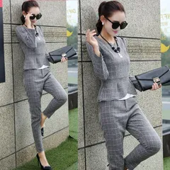 レディース フォーマル パンツスーツ セットアップ カジュアル  体系カバー 細見え 上下セット パンツスーツ オフィスカジュアル ウエストカバー オフィススーツ 面接 面談 チェック 定番人気 グレー ライトグレー L2