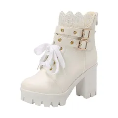 Size:24.5 cm_Color:ホワイト [Guoyupika] ショートブーツ レディース ブーツ ショート丈 レース 太めヒール 厚底 編み上げ PU ラウンドトゥ レースアップブーツ コスプレシューズ バックジッパー 履きやすい 歩きやすい 黒 白