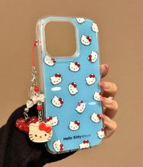 スマホケース　キティーちゃん　ブルー　ストラップ付き　iPhone対応　アイフォンケース　iPhone16pro/16promax/15/14/13/12/11　可愛いケース新品未使用