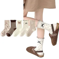 【新品】 [Buffydeer] 子供靴下 女の子 ガールズ キッズ ソックス 5足セット おしゃれ 可愛い リボン お姫様 靴下 女の子 スクールソックス くつした ガールズ フォーマル服用靴下 学生 春 秋 冬 通気 抗菌 防臭 通学 綿 (XL, F 1