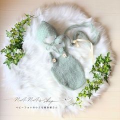 透かし編み緑へびコス×ファーマット60cm♪ニューボーンフォト撮影衣装 小道具