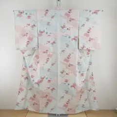 小紋 御召し 単衣 雲取りに花々模様 ベージュｘピンクｘ薄青色 バチ衿 正絹 カジュアル着物 身丈155cm