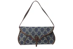 CELINE セリーヌ ワンショルダーバッグ マカダム柄 CE00/14 キャンバス レザー ブルー ブラウン アンティークゴールド金具 美品 中古 4b002560