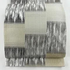 【美品】 袋帯 逸品 落款 幾何学 金銀糸 灰白 六通 正絹 【中古】