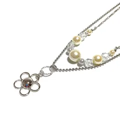 アクセサリー　チェーンネックレス　2連タイプ　樹脂パール&クリスタルパーツ　＊フラワーリングがポイントのネックレス＊　シルバーカラー　ハンドメイド　[CN-B]