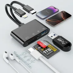 4in1iPhoneSDカードリーダー【2025MFi認証品、18ヶ月保証】Lightning/TypeC-USB3.0/TypeC/SD/microSD変換アダプタ・SDカード・microSDカード・急速充電・Hi-Fi音質|