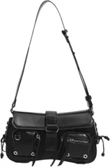 HARGIO(ハルジオ) サイドレース ホーボーバッグ ショルダーバッグ 横長 レディース ハンドバッグ 地雷系 Y2K 横長バッグ ラウンドバッグ 三日月 小さめ ダブルポケット おしゃれ かわいい(ブラック)