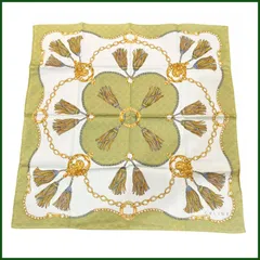 中古美品● CELINE /セリーヌ ●デザイン スカーフ　大判ハンカチーフ タッセルチェーン柄 グリーン系 約50cm