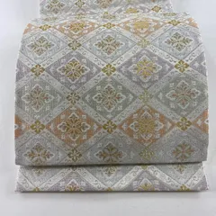 H-647 袋帯 正絹 六通 銀糸 箔 牡丹 シルバー 袋帯 六通柄 フォーマル用