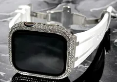 ホワイト&シルバー★316Lステンレス シームレス アップルウォッチ ラバーベルト Apple Watch キラキラ ケース　カバー 38mm 40mm 41mm 42mm 44mm 45mm Apple Watch バンド