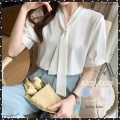ボウタイブラウス 半袖 レディース 無地Vネック シャツブラウス きれいめ とろみシャツ 大人女性 オフィスカジュアル ブラウス 白 おしゃれリボントップス薄手オフィス ブラウス 夏服トップス韓国風 リボンブラウス上品