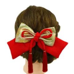 髪飾り リボン 卒業式 袴 成人式 つまみ細工 赤 振袖 前撮り ゴールド ちりめん 引箔 組紐 房 房付き 和柄 かんざし 日本製 粋 No.9-2999