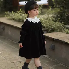 ☆ ブラック ☆ 140cm ☆ ワンピース フォーマル 女の子 ワンピース キッズ フォーマル 入園式 入学式 長袖 フレンチフリル襟 女の子 コーデュロイワンピース 発表会 七五三 かわいい おしゃれ キッズワンピース 冠婚葬祭 結婚式 白襟