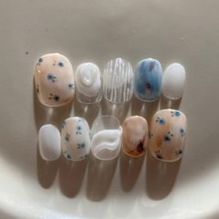 サイズオーダー ネイルチップ 花柄 ショートネイル ジェル 落書き 一癖