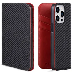 【人気商品】横置きスタンド マグネット 全面保護 携帯ケース カード収納 6.1インチ対応 スマホケース レザー 手帳型 本革 (カーボンレザー．レッド) ケース Pro iPhone14 VISOUL