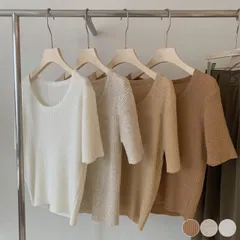 Ｔシャツ レディース トップス 半袖 5分袖 リブ 韓国 ゆったり シンプル おしゃれ 無地 カジュアル 大人 おとな 夏 Ｕネック ラウンドネック 襟ぐり広め 白 黒 着痩せ リブニット