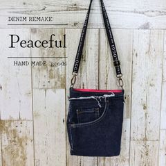 ハンドメイド　ミックスエコファー×デニムリメイク　巾着型ショルダーバッグ 冬物☆ファー巾着ショルダーバッグ☆デニムリメイク☆Peaceful - メルカリ