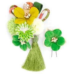 髪飾り 成人式 つまみ細工 振袖 前撮り 袴 花 2点セット 緑 グリーン オフホワイト ゴールド ちりめん ベロア調 房 花ごころ No.12-0846